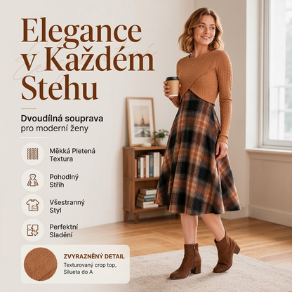🍂🔥 Dámská souprava: koskované šaty do A + pletený crop top – 11 barev, S–2XL 💯