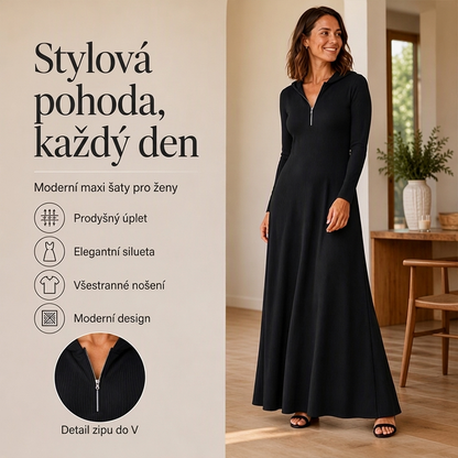 Dámské žebrované pletené maxi šaty s kapucí