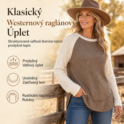 Dámský úplet v západním ranch stylu, raglanové dlouhé rukávy, waffle texturovaná tkanina a zakřivený lem