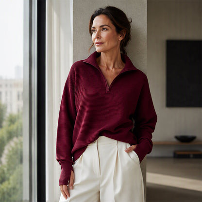🧶 Dámský žebrováäný svetr s čtvrt-zipem a volným střihem – 6 barev, S–2XL