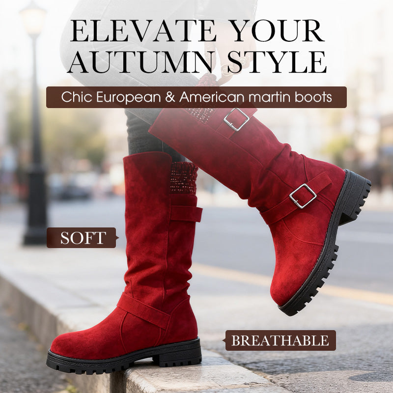 Damen Slouch-Stiefel in Veloursoptik mit Doppelschnalle