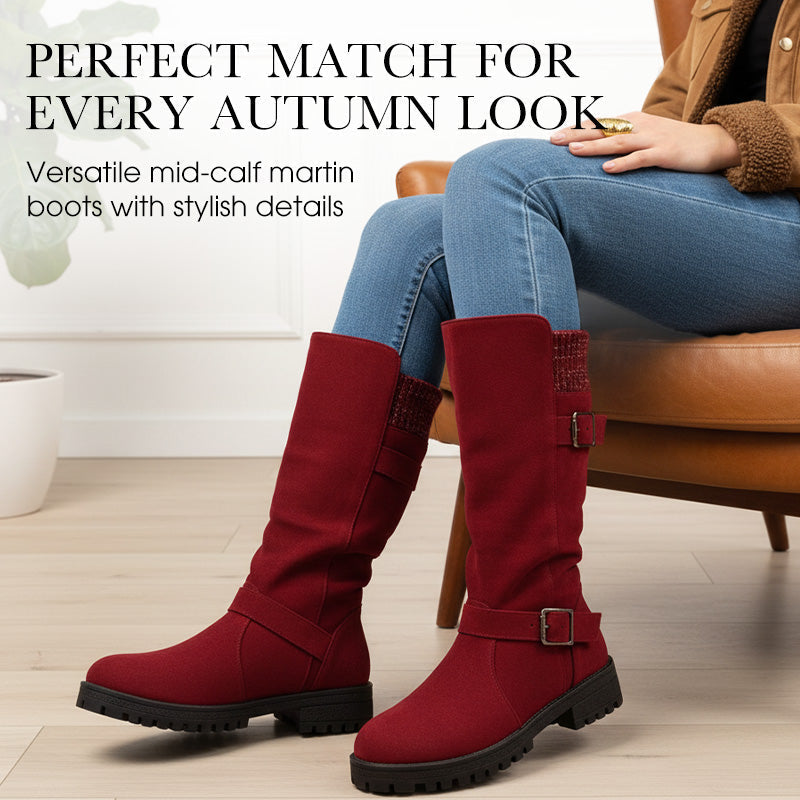 Damen Slouch-Stiefel in Veloursoptik mit Doppelschnalle