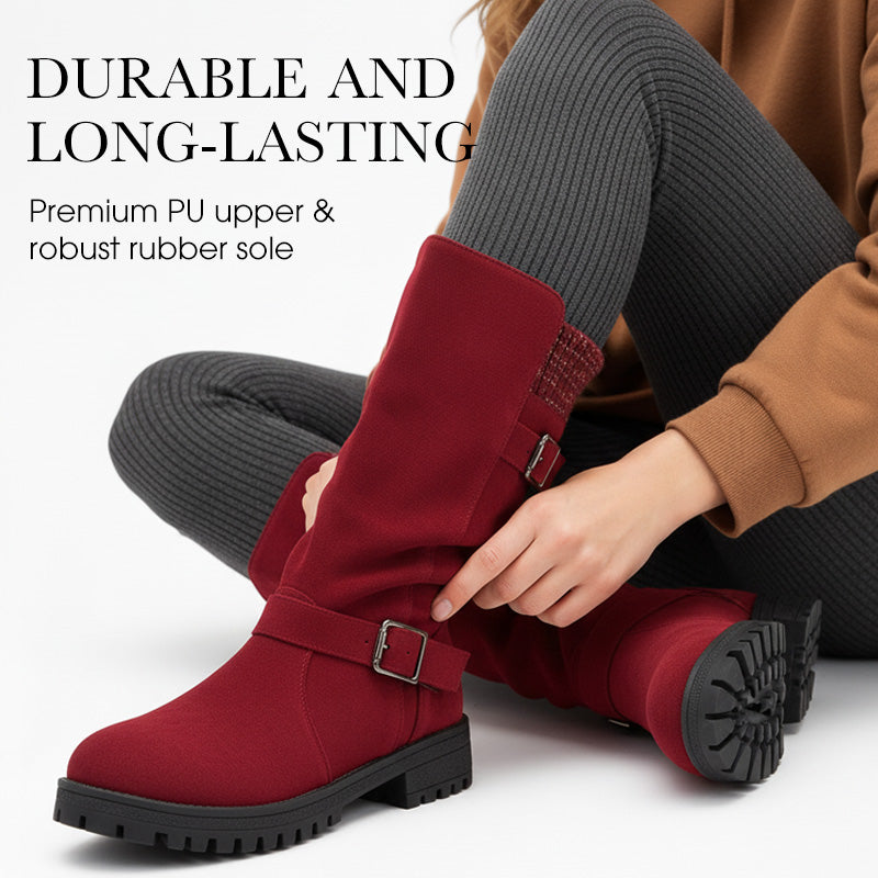 Damen Slouch-Stiefel in Veloursoptik mit Doppelschnalle
