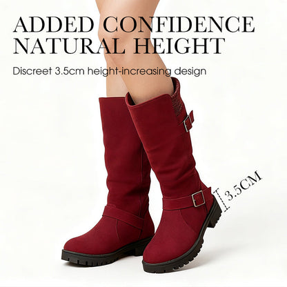 Damen Slouch-Stiefel in Veloursoptik mit Doppelschnalle
