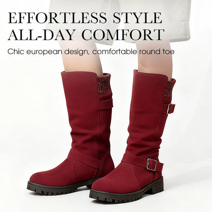 Damen Slouch-Stiefel in Veloursoptik mit Doppelschnalle