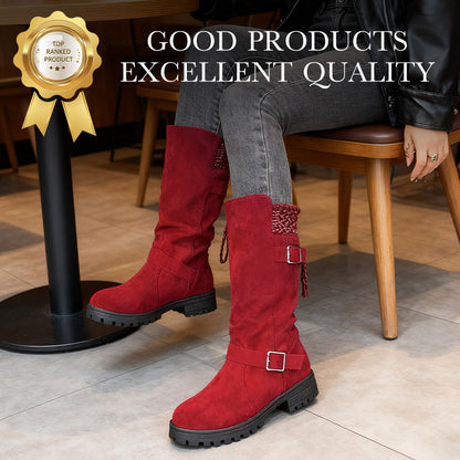 Damen Slouch-Stiefel in Veloursoptik mit Doppelschnalle