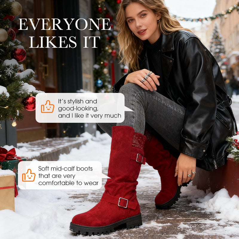 Damen Slouch-Stiefel in Veloursoptik mit Doppelschnalle