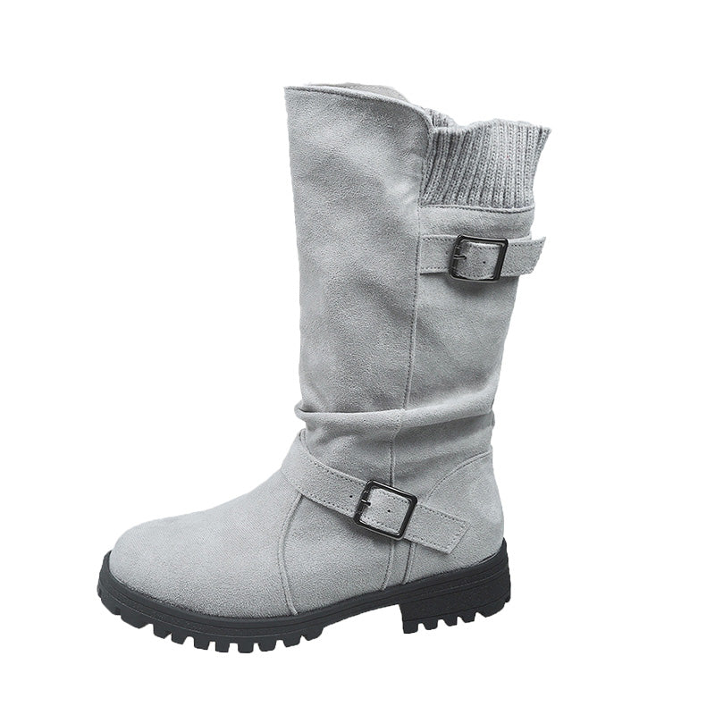 Damen Slouch-Stiefel in Veloursoptik mit Doppelschnalle