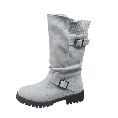 Damen Slouch-Stiefel in Veloursoptik mit Doppelschnalle