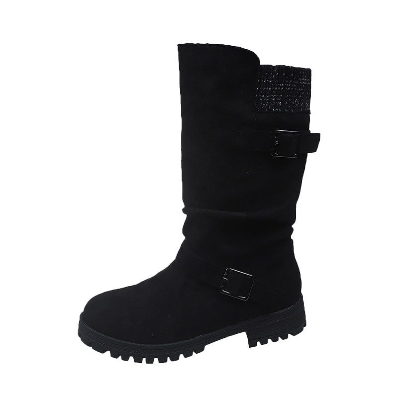 Damen Slouch-Stiefel in Veloursoptik mit Doppelschnalle