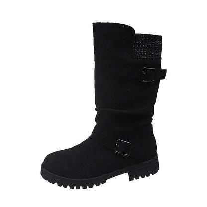 Damen Slouch-Stiefel in Veloursoptik mit Doppelschnalle