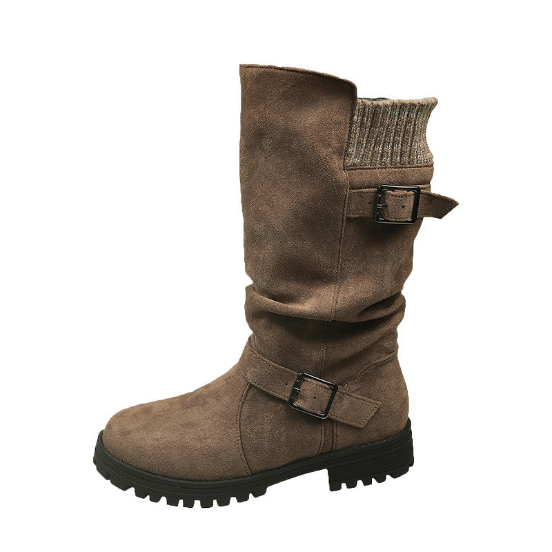 Damen Slouch-Stiefel in Veloursoptik mit Doppelschnalle
