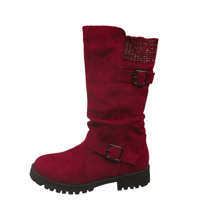 Damen Slouch-Stiefel in Veloursoptik mit Doppelschnalle