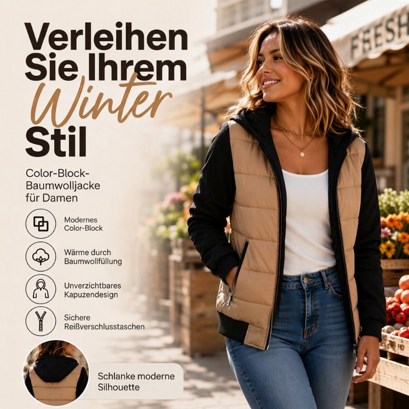 Damen Farbblock gesteppte Kapuzenjacke