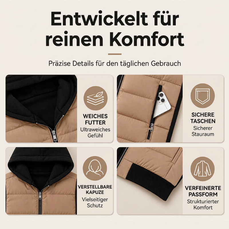 Damen Farbblock gesteppte Kapuzenjacke