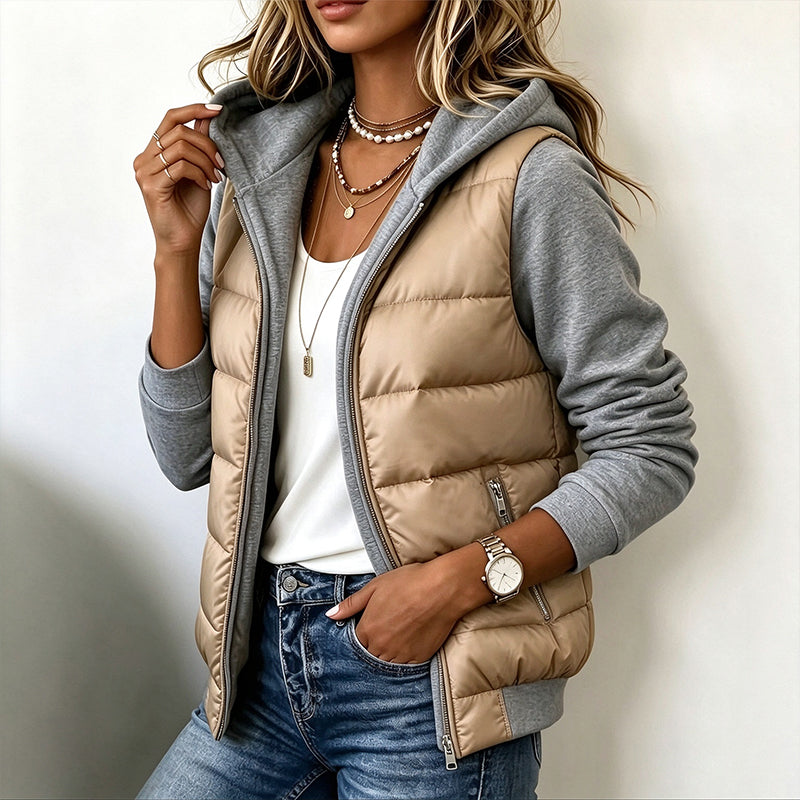 Damen Farbblock gesteppte Kapuzenjacke