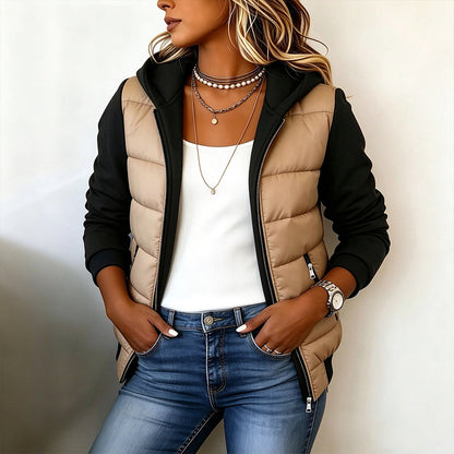 Damen Farbblock gesteppte Kapuzenjacke