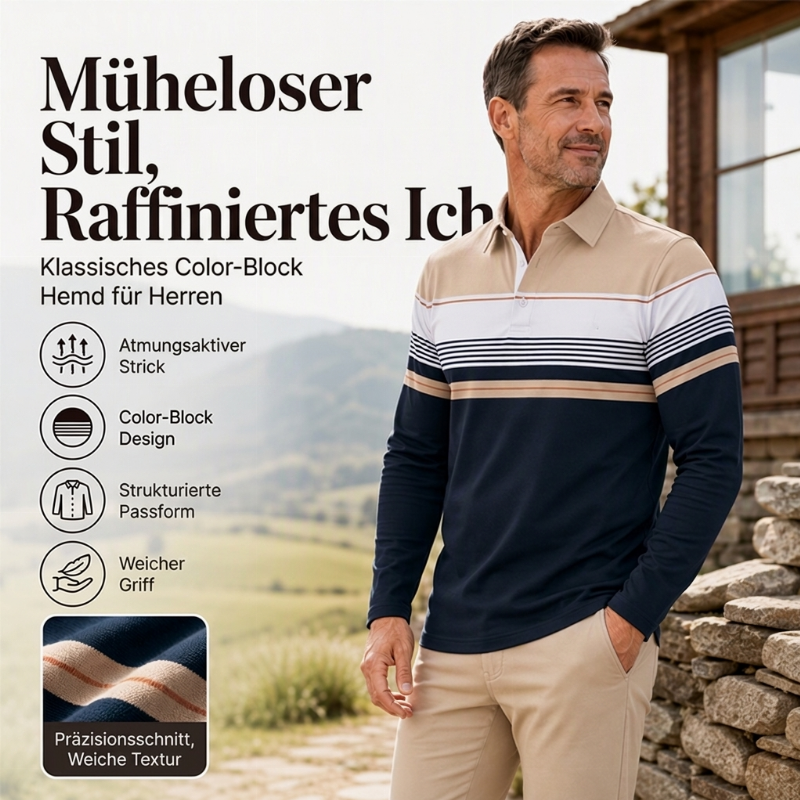 Herren-Langarm-Poloshirt mit Colorblock- und Streifen-Design