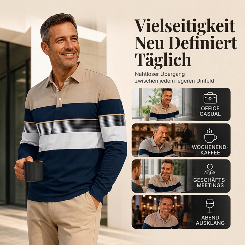 Herren-Langarm-Poloshirt mit Colorblock- und Streifen-Design