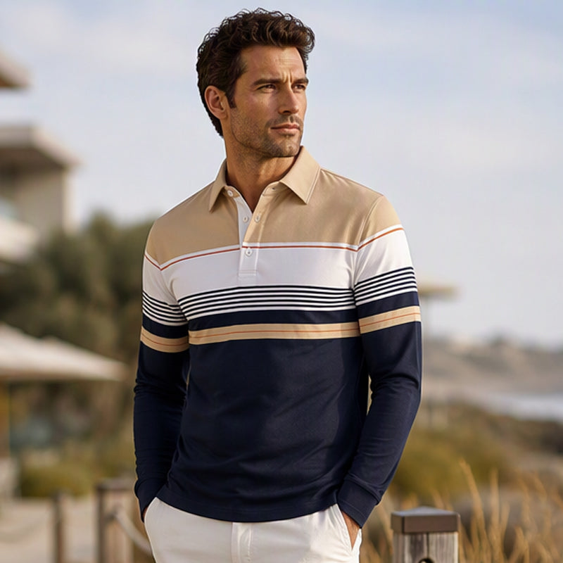 Herren-Langarm-Poloshirt mit Colorblock- und Streifen-Design