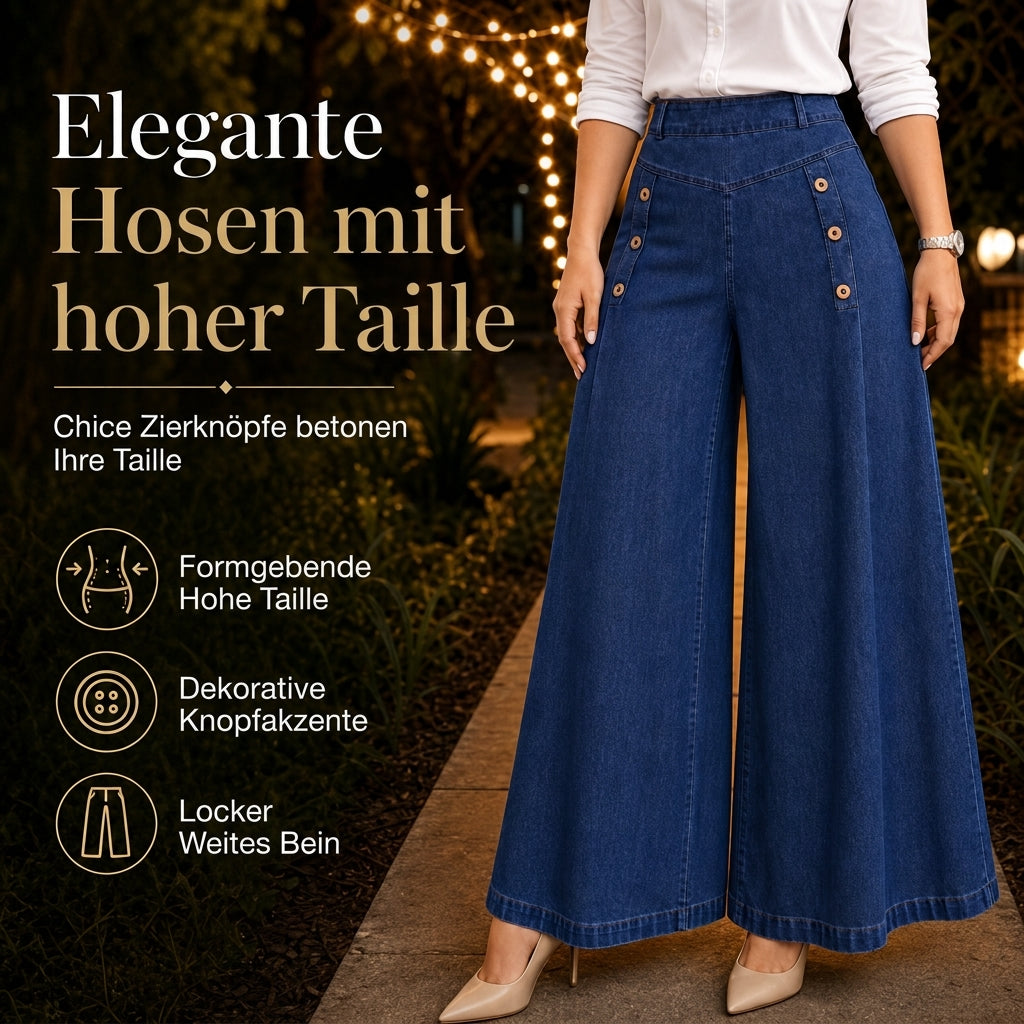 Damen-High-Waist-Wide-Leg-Jeans mit Stretch und Zierknöpfen