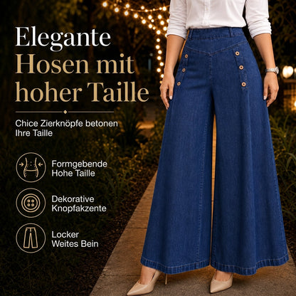 Damen-High-Waist-Wide-Leg-Jeans mit Stretch und Zierknöpfen