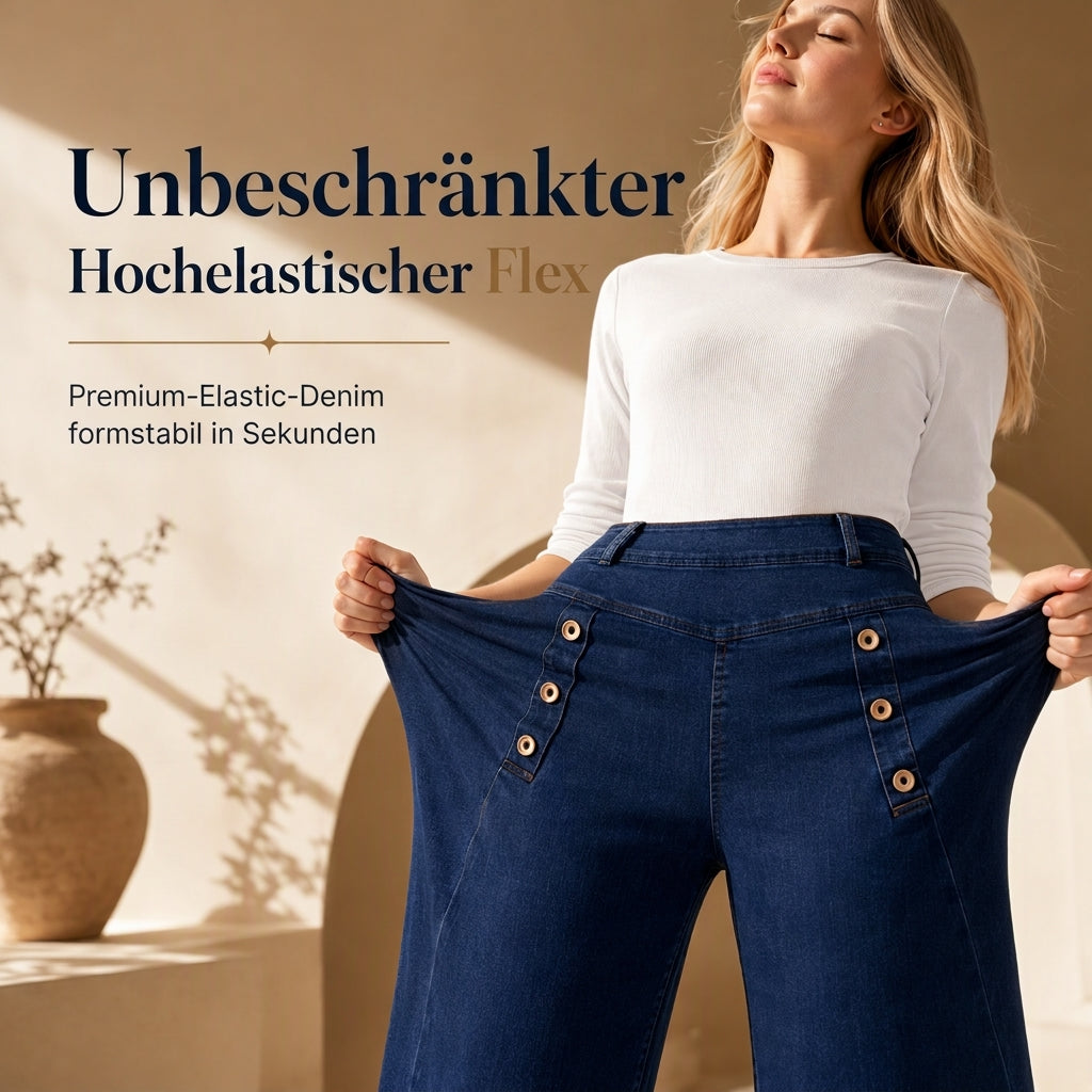 Damen-High-Waist-Wide-Leg-Jeans mit Stretch und Zierknöpfen
