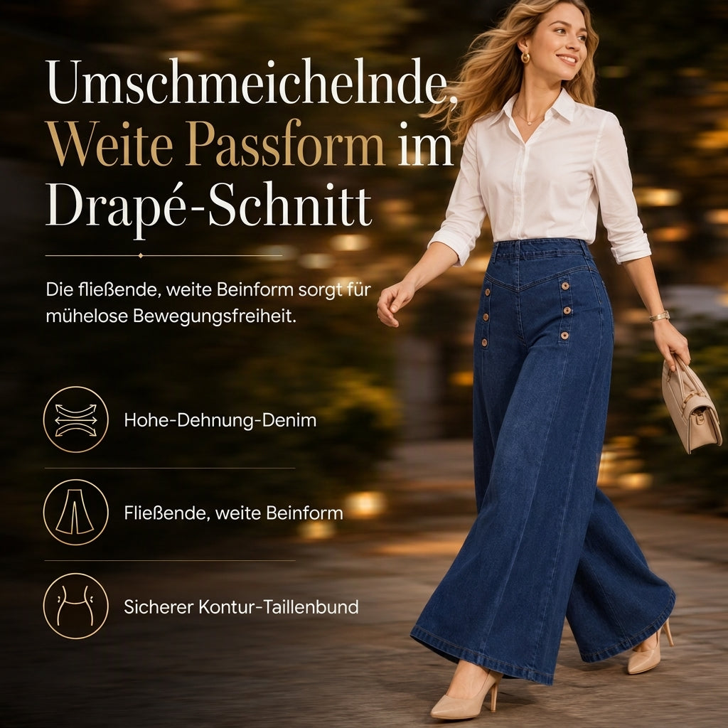 Damen-High-Waist-Wide-Leg-Jeans mit Stretch und Zierknöpfen
