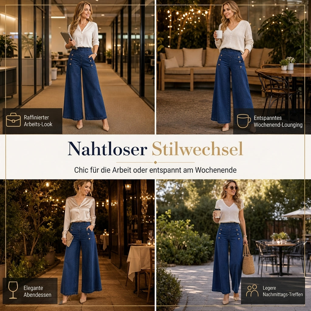 Damen-High-Waist-Wide-Leg-Jeans mit Stretch und Zierknöpfen