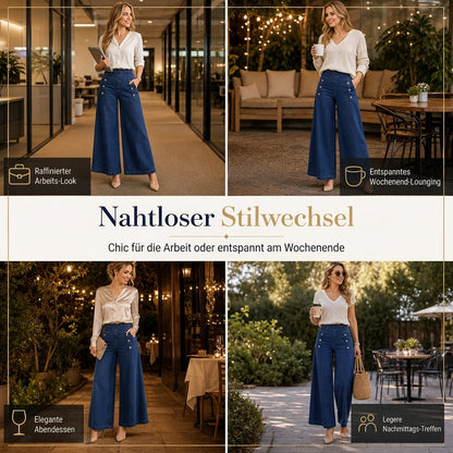 Damen-High-Waist-Wide-Leg-Jeans mit Stretch und Zierknöpfen