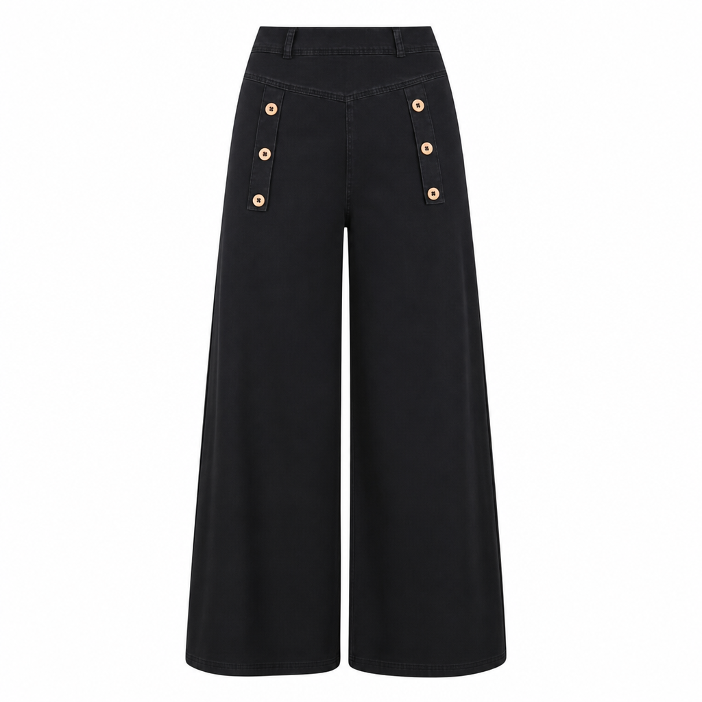 Damen-High-Waist-Wide-Leg-Jeans mit Stretch und Zierknöpfen