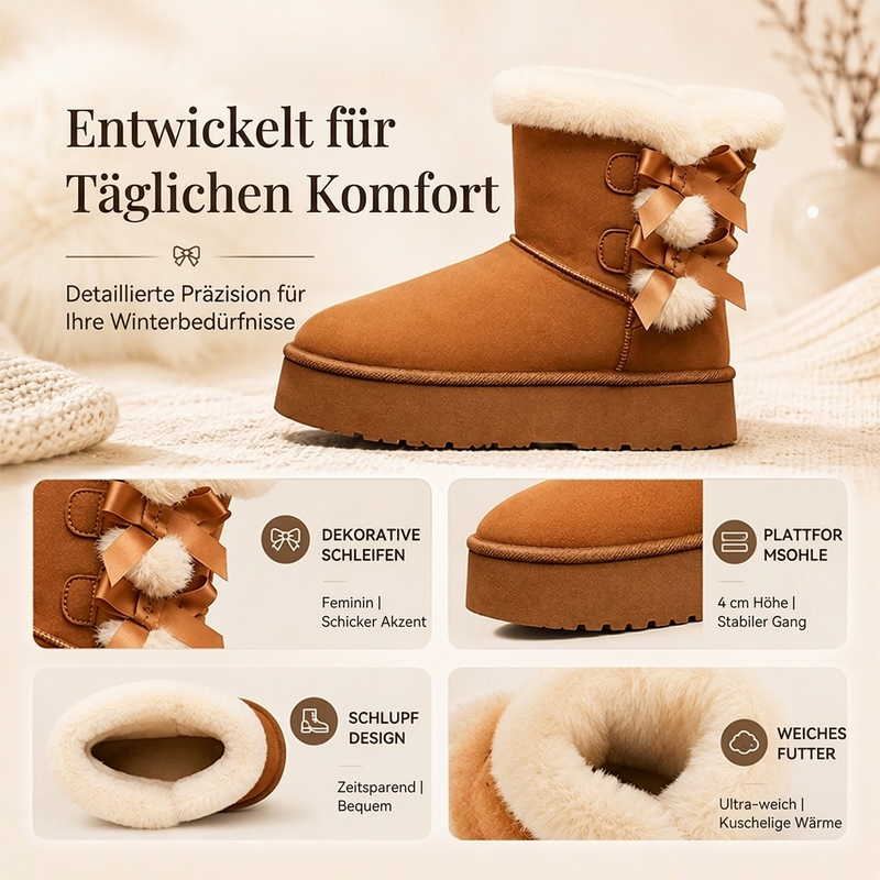 Damen Plateau-Winterboots mit Schleifen und Plüschfutter