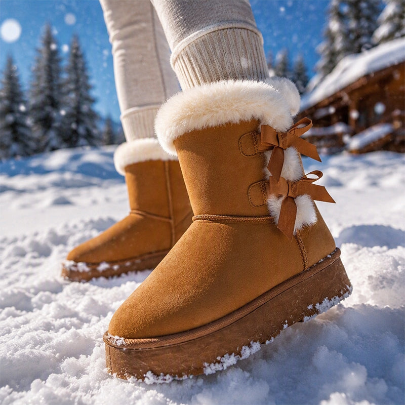Damen Plateau-Winterboots mit Schleifen und Plüschfutter