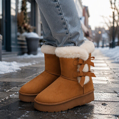 Damen Plateau-Winterboots mit Schleifen und Plüschfutter