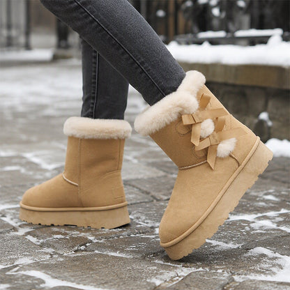 Damen Plateau-Winterboots mit Schleifen und Plüschfutter