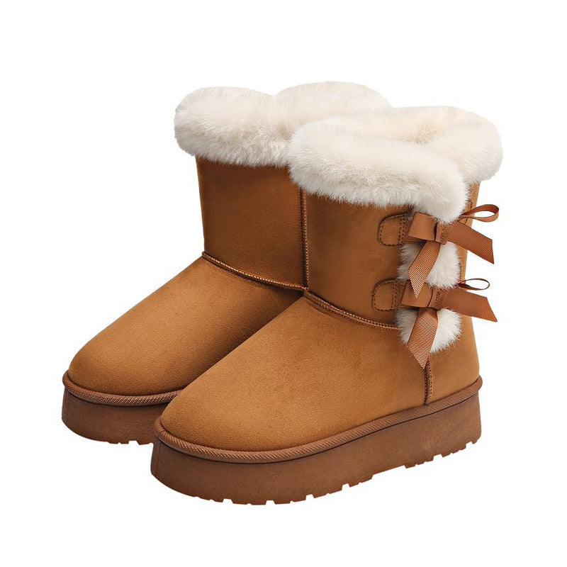 Damen Plateau-Winterboots mit Schleifen und Plüschfutter