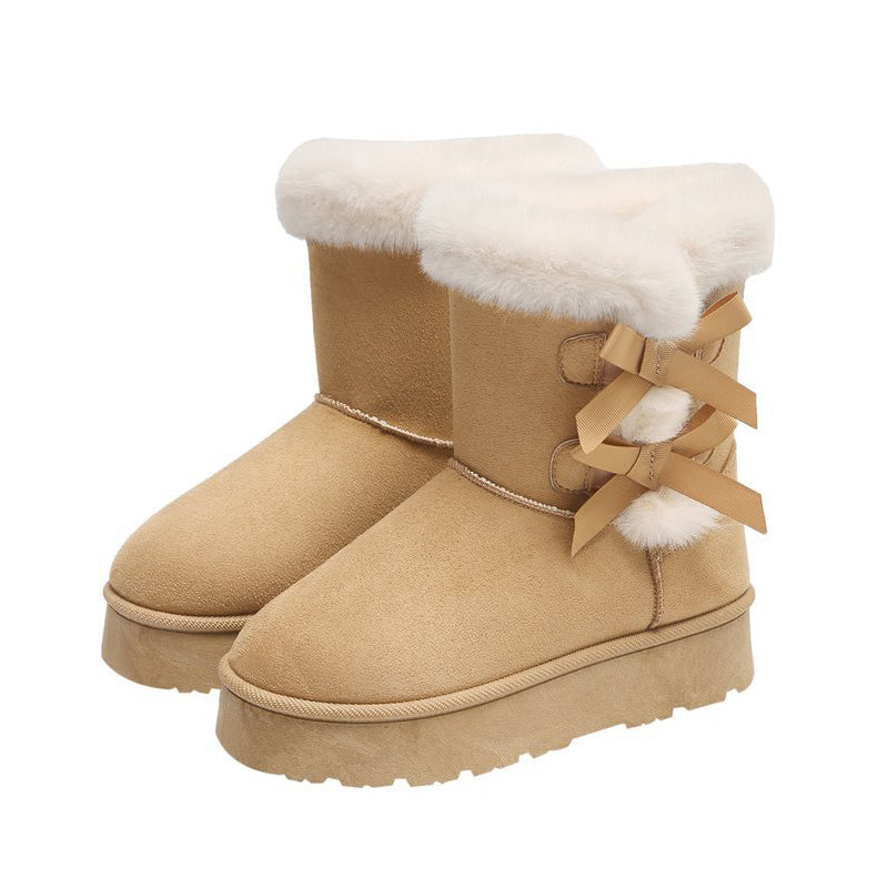 Damen Plateau-Winterboots mit Schleifen und Plüschfutter