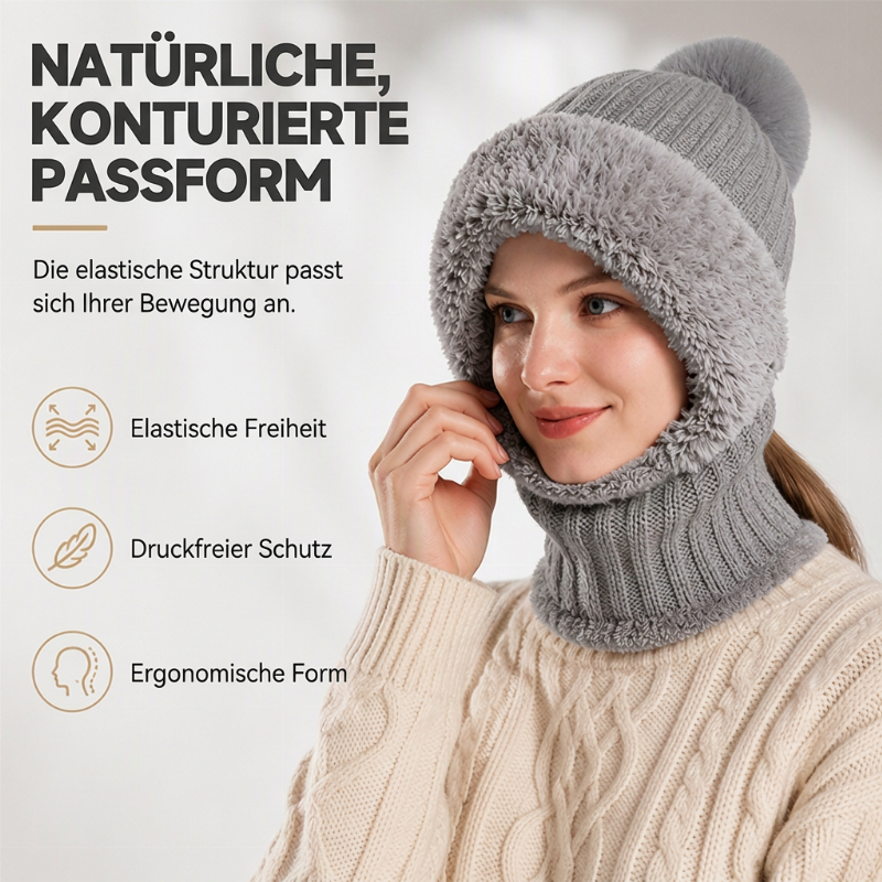 Damen-Strickhaube mit integriertem Schal und Gesichtsmaske