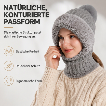 Damen-Strickhaube mit integriertem Schal und Gesichtsmaske
