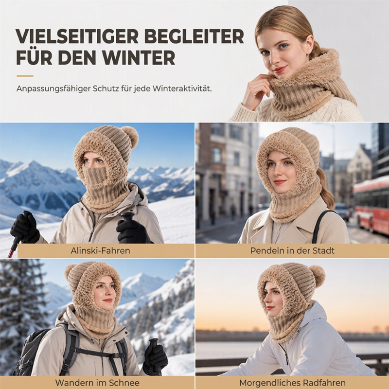 Damen-Strickhaube mit integriertem Schal und Gesichtsmaske