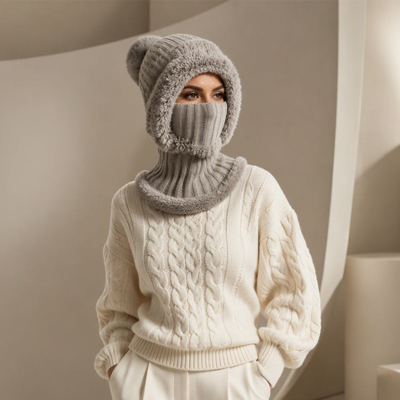Damen-Strickhaube mit integriertem Schal und Gesichtsmaske