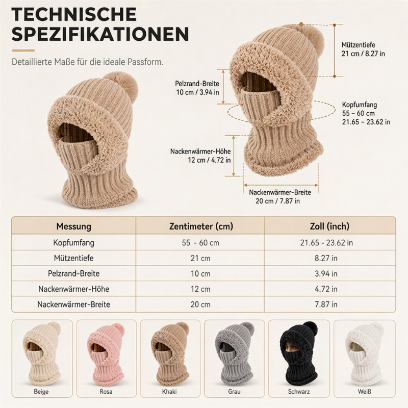 Damen-Strickhaube mit integriertem Schal und Gesichtsmaske