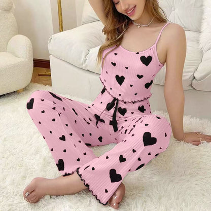 Damen-Pyjama-Set mit Herzen – Ripp-Trägertop & lange Hose