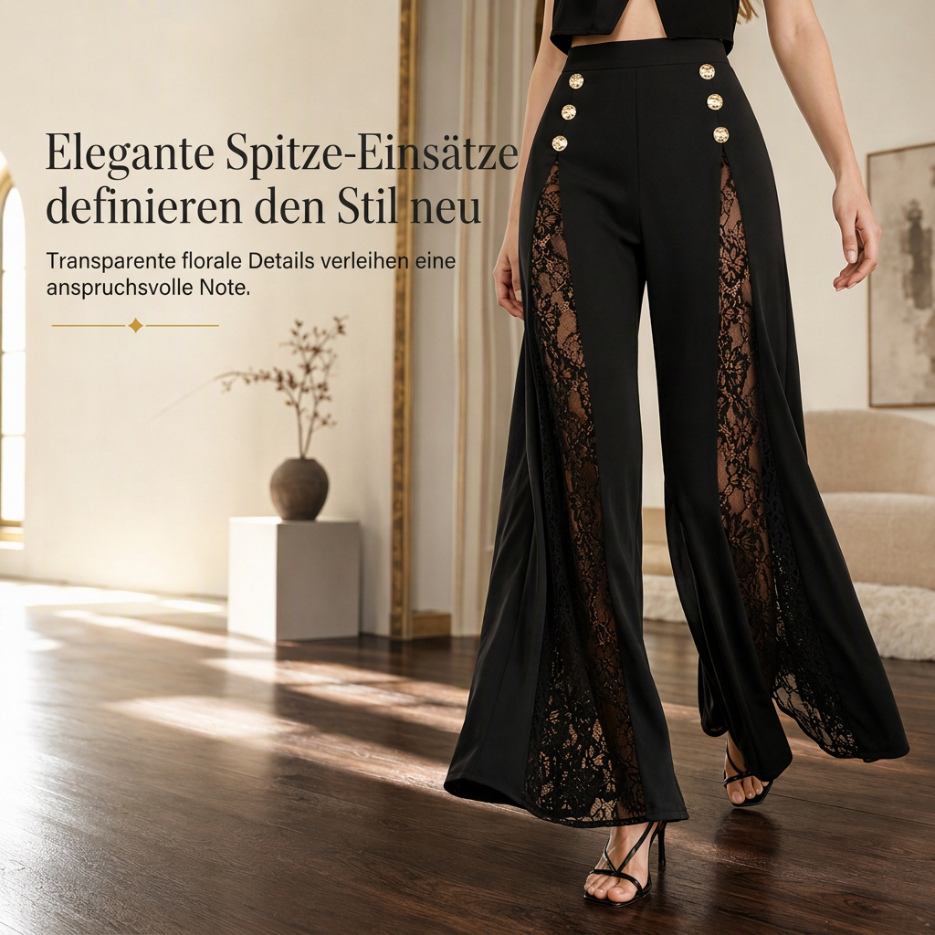 🔥Beliebtes Produkt ！✨Damen High-Waist-Hose mit Spitzeneinsatz, weitem Bein und dekorativen Goldknöpfen