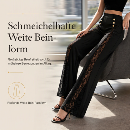 🔥Beliebtes Produkt ！✨Damen High-Waist-Hose mit Spitzeneinsatz, weitem Bein und dekorativen Goldknöpfen
