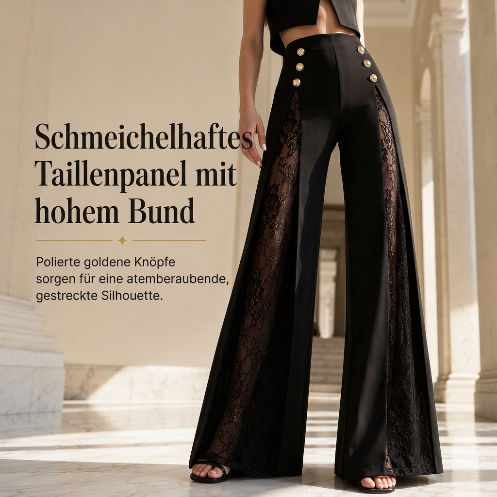 🔥Beliebtes Produkt ！✨Damen High-Waist-Hose mit Spitzeneinsatz, weitem Bein und dekorativen Goldknöpfen