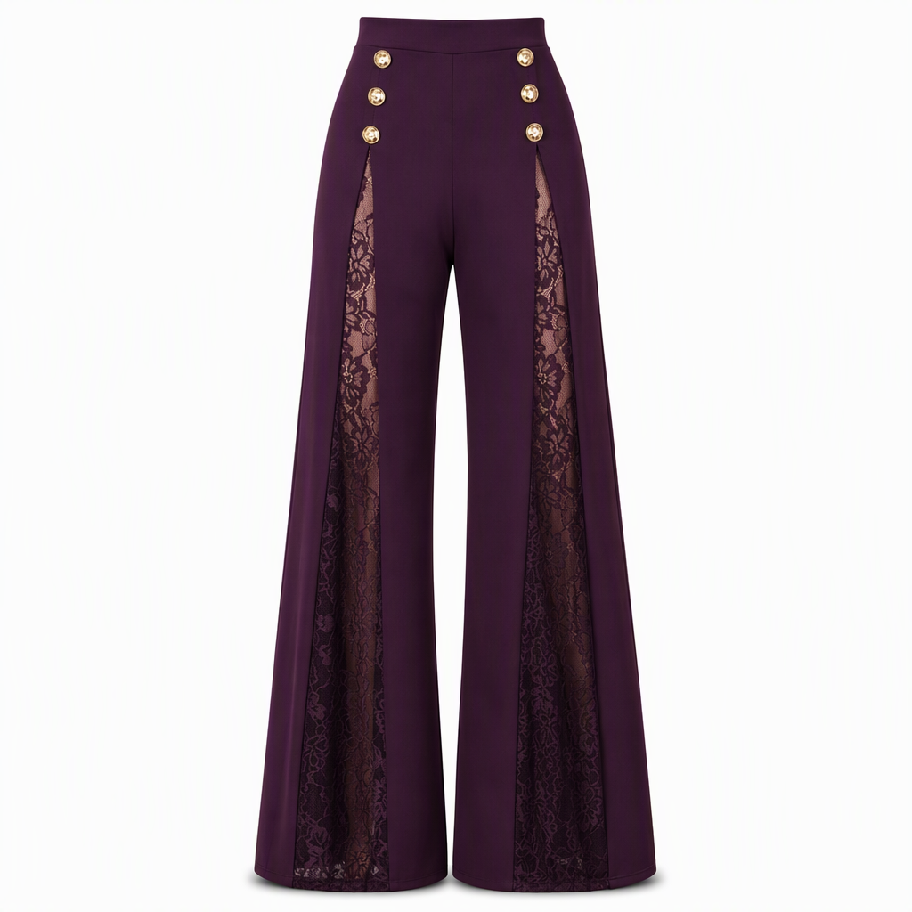 🔥Beliebtes Produkt ！✨Damen High-Waist-Hose mit Spitzeneinsatz, weitem Bein und dekorativen Goldknöpfen