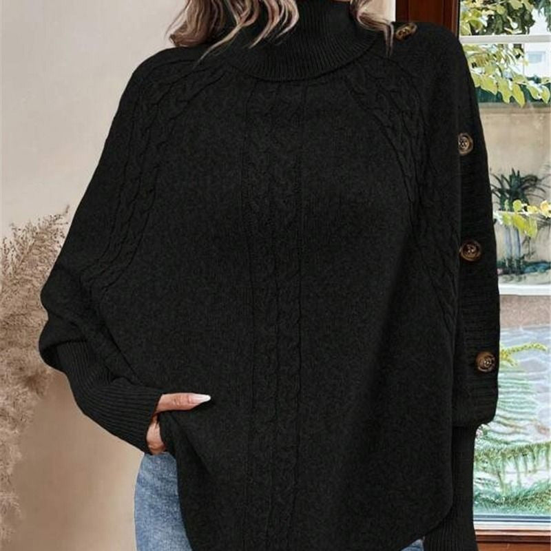 Damen Cape-Pullover mit Zopfmuster und Zierknöpfen