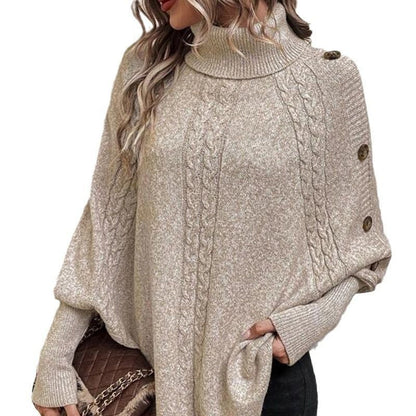 Damen Cape-Pullover mit Zopfmuster und Zierknöpfen