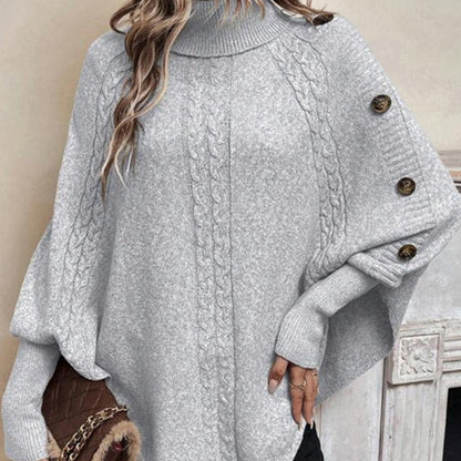 Damen Cape-Pullover mit Zopfmuster und Zierknöpfen